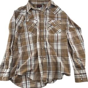 Plains Western Wear Men's Snap Button Down Shirt size Medium Brown Plaid